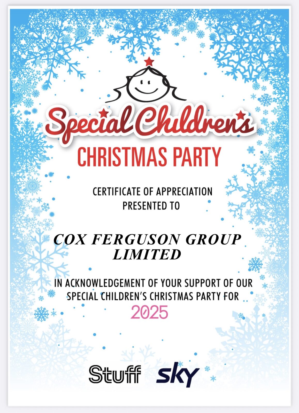 Cox Ferguson's Special Children's Christmas Party certificate of appreciation